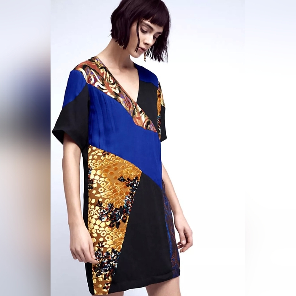 Anthro|HD In Paris Dress Camelia Blue Gold Patchwork Silk Velvet Mini Si…